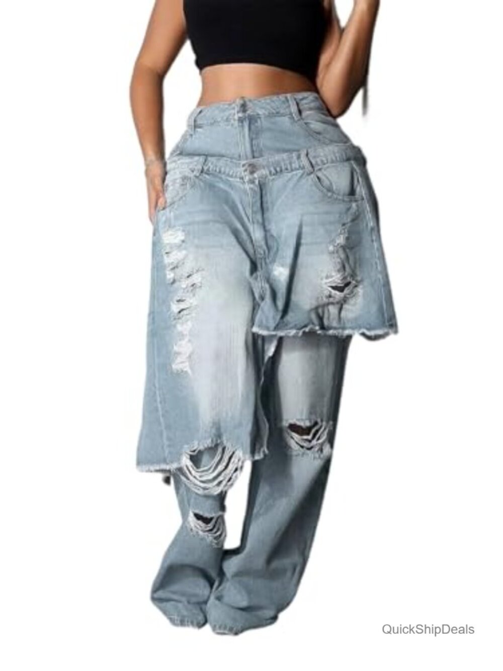 Women's Ripped Patchwork Wide Leg Jeans Y2K Streetwear Denim Pants Baggy